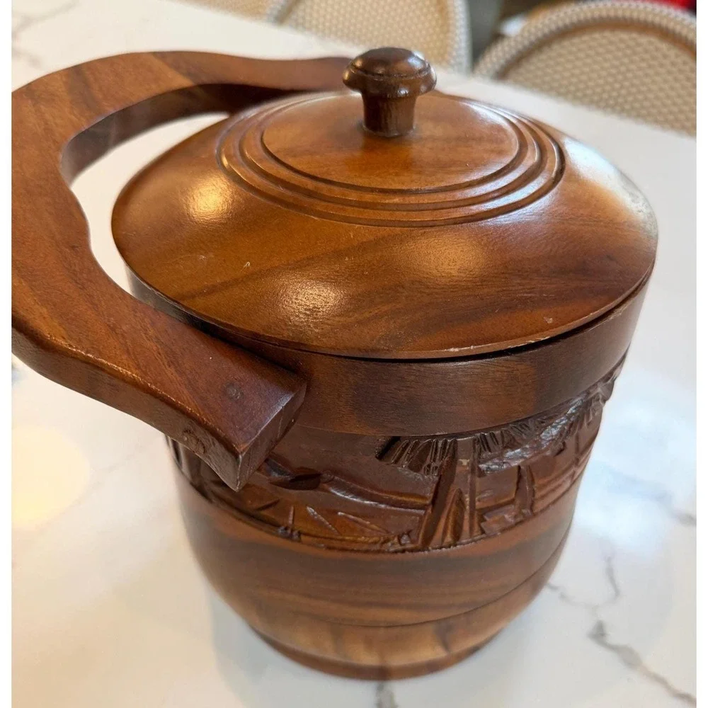 Hand Carved Wooden Tiki Bar Ice Bucket, Mid Century Barware, Polynesian Decor